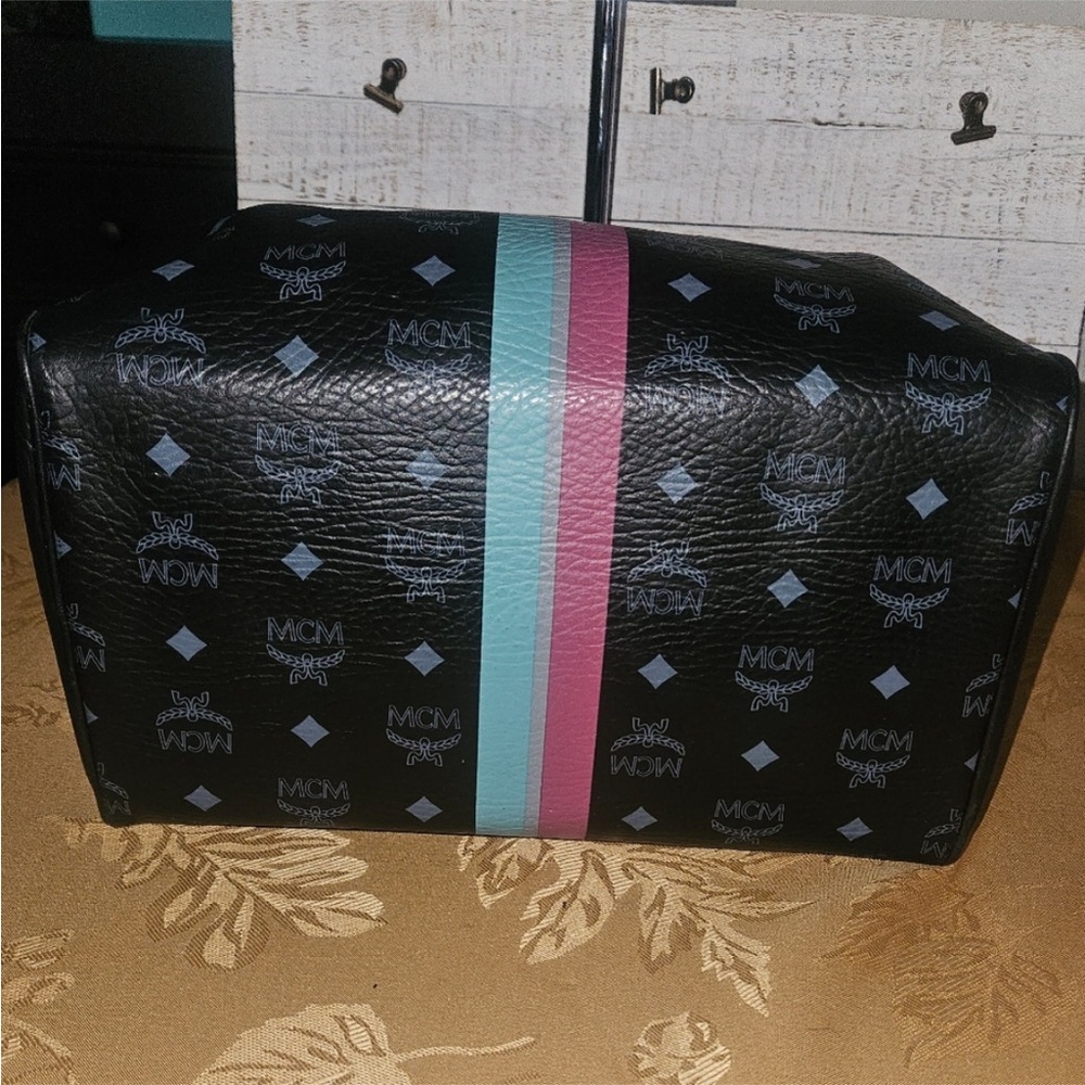 MCM Black Leather Boston Bag with Blue and Pink stripes - Picture 9 of 11